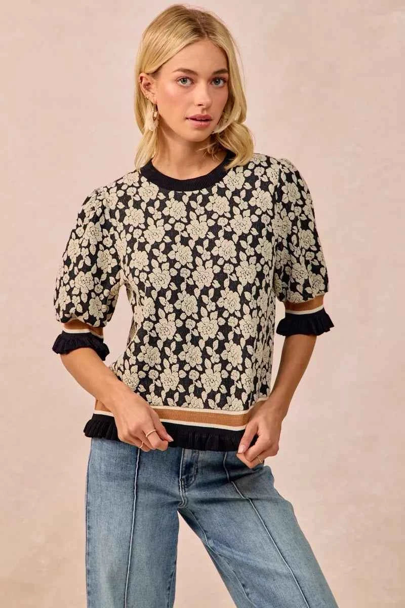 BiBi Women Knit Top Textured Rose Black Gray Contrast Banded Puff Sleeve 7e8fbe20-a7c5-4e54-8c82-f07510d55349-Max-Origin Trendsi