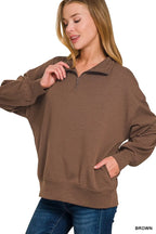 Zenana Womens Sweatshirt Brown Scuba Quarter-Zip Collared Casual Top 7e927f8f2e0649a4a73903be77550e9b-Max-Origin Trendsi