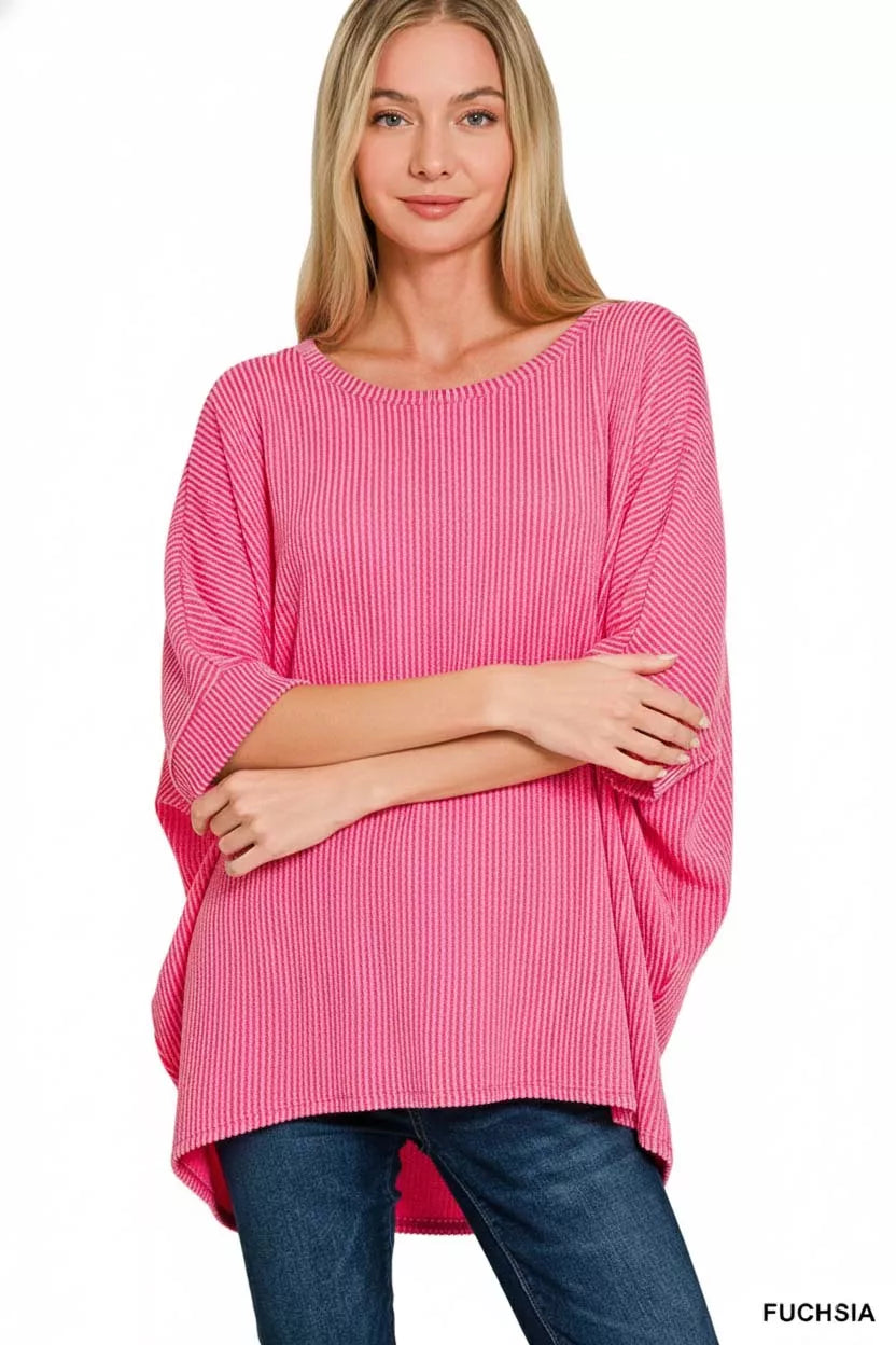 Zenana Womens Blouse Fucshia Pink Raised Rib Bat Sleeve Oversized Top 7e981145-ceda-4882-9637-b472f8d79f97-Max-Origin Trendsi
