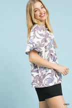 Umgee Womens Blouse Gray Lush Blossom Print Puff Short Sleeve Ruffle Top 7ea014f3-cc1d-4619-a125-a8c892bed84e-Max-Origin Trendsi