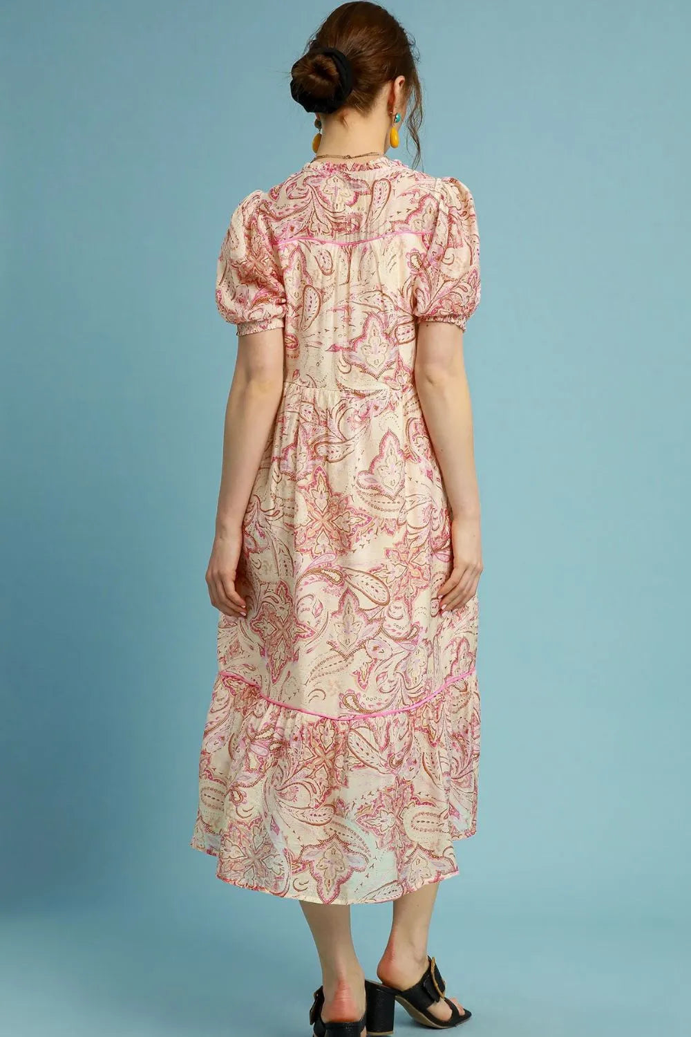 Umgee Midi Dress Floral Pink Mix Printed Puff Short Sleeve Tied 7ea5bcbe-d5df-4556-8937-1d30a220369f-Max-Origin Trendsi