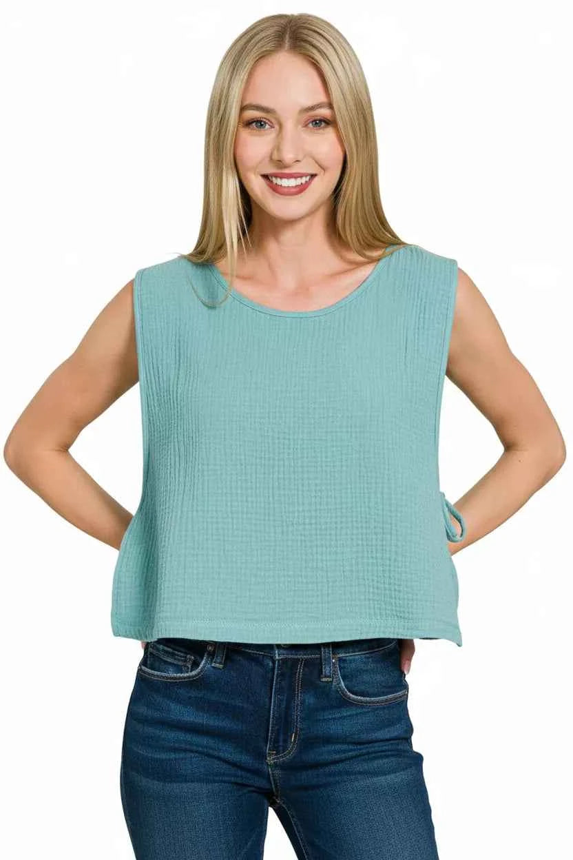 Zenana Blouse Dusty Teal Double Gauze Side Tie Sleeveless Top 7eab3bec-eeee-4dbb-a622-a761863fc10d-Max-Origin Trendsi