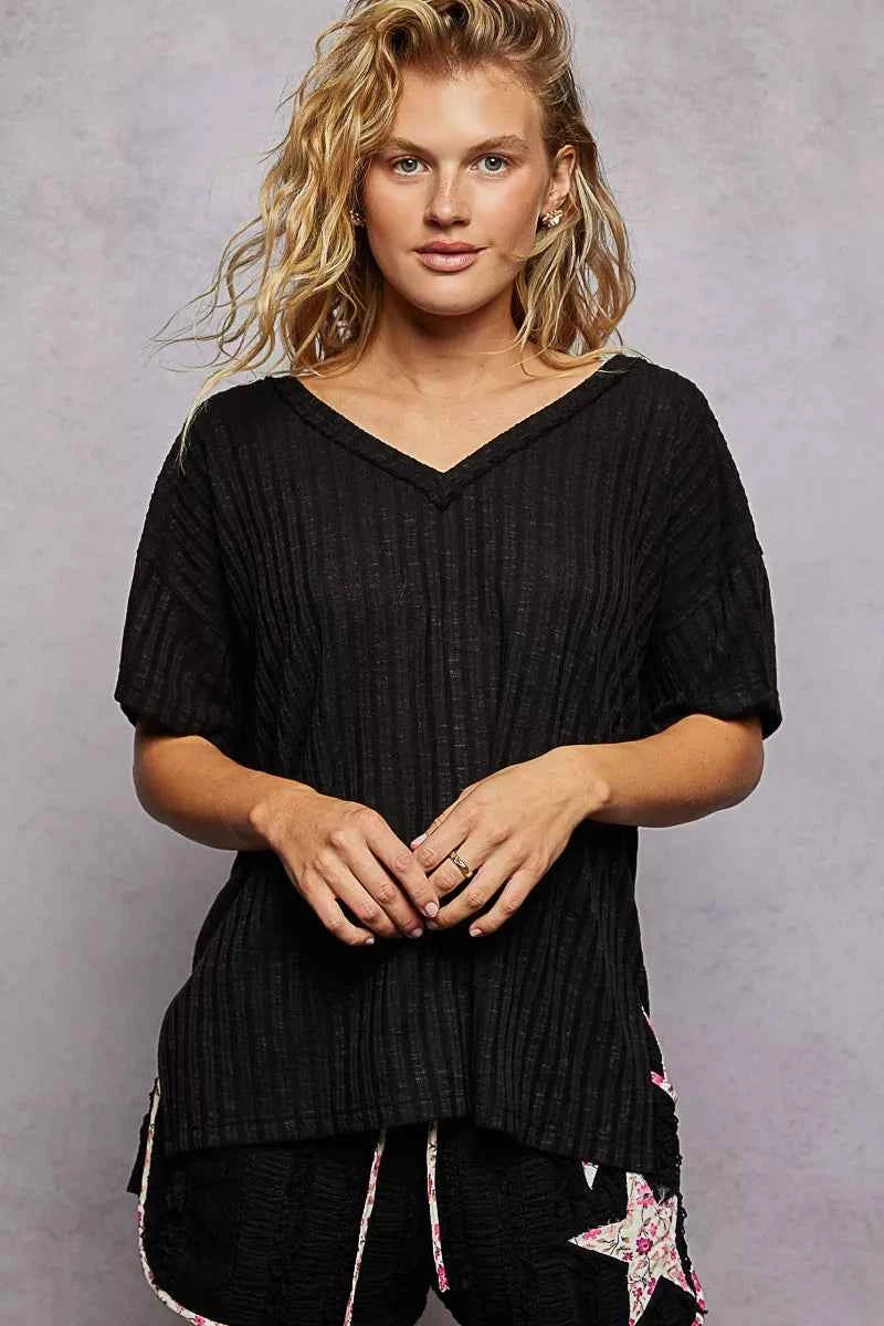 POL Ribbed Women T-Shirt Black Knit V-Neck Short Sleeve Top 7eadd38e-bc81-48ba-a373-b55ff5807802-Max-Origin Trendsi