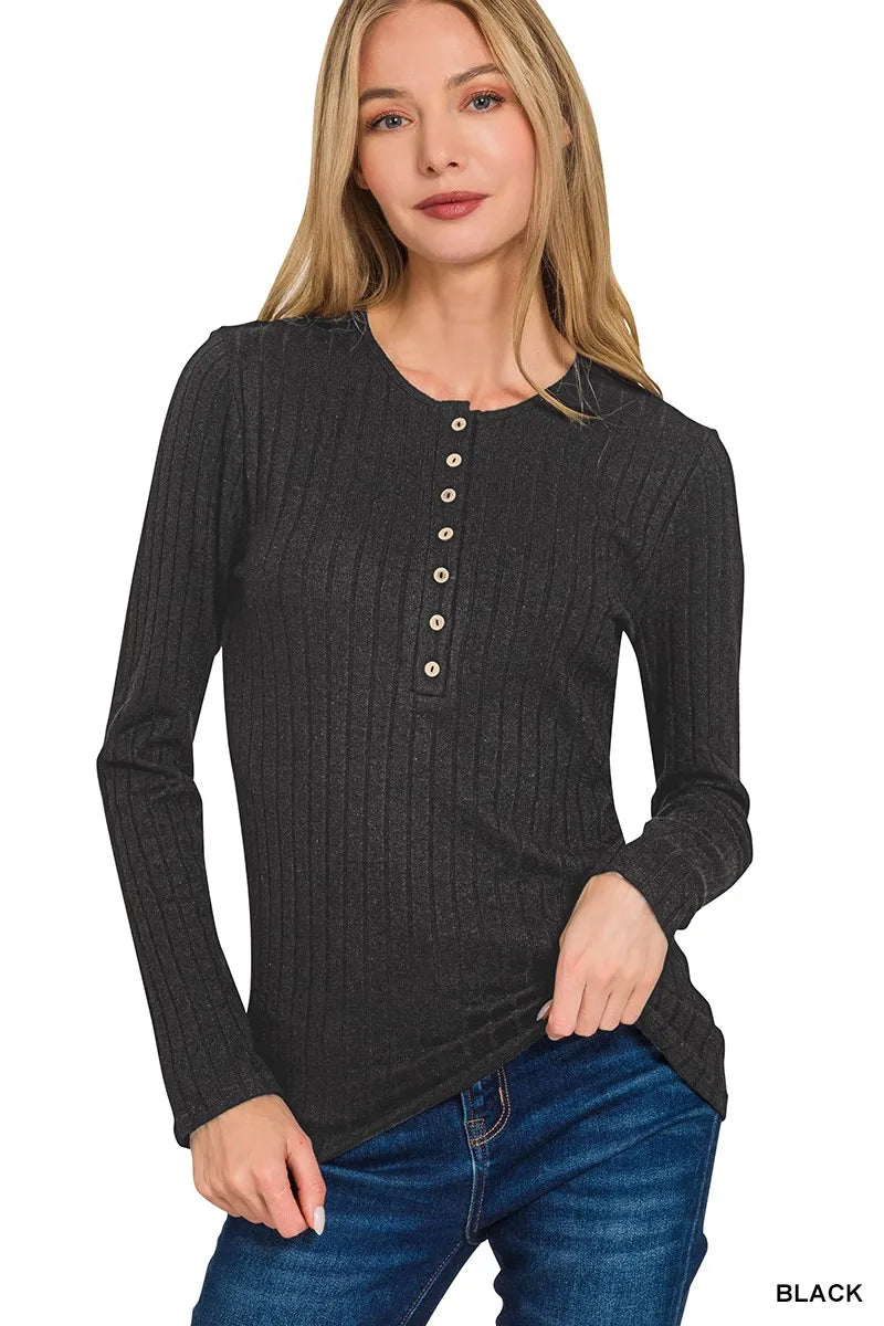 Zenana Black Ribbed Top Long Sleeve Half Button Blouse BLACK 7eb13a4fd27a4263b66aedd69f1a8285-Max-Origin Trendsi