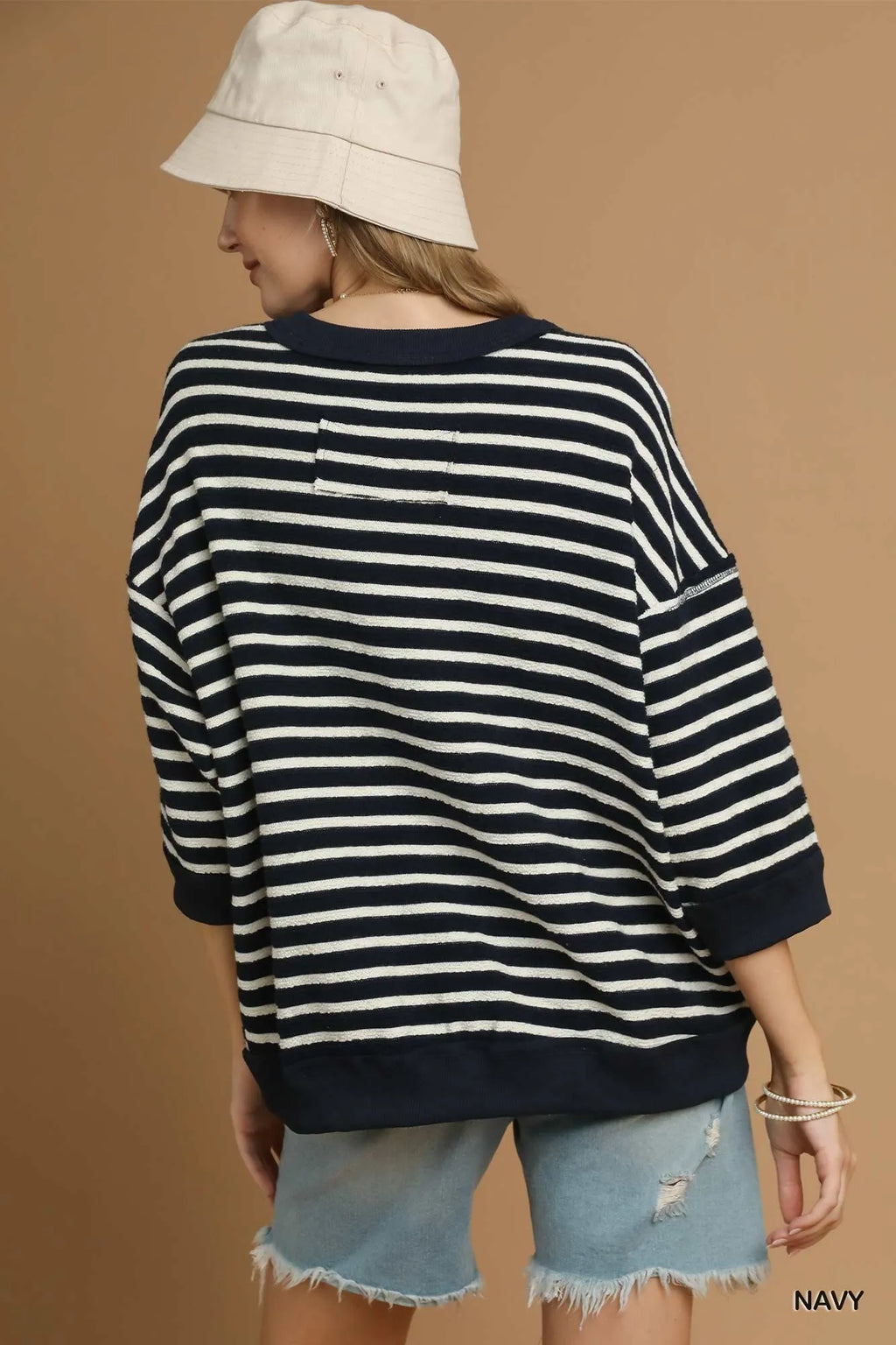 Umgee Knit Top Striped Oversized Navy Ribbed Hem 3/4 Sleeve Blouse 7eb32445-d569-4850-a513-6c3d7e2c38cd-Max-Origin Trendsi