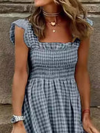 Maxi Dress Plaid Gingham Smocked High Waist with Ruffle Straps Square Neck 7eb41cedf6e14581896e0473ebdc0b03-Max-Origin Trendsi