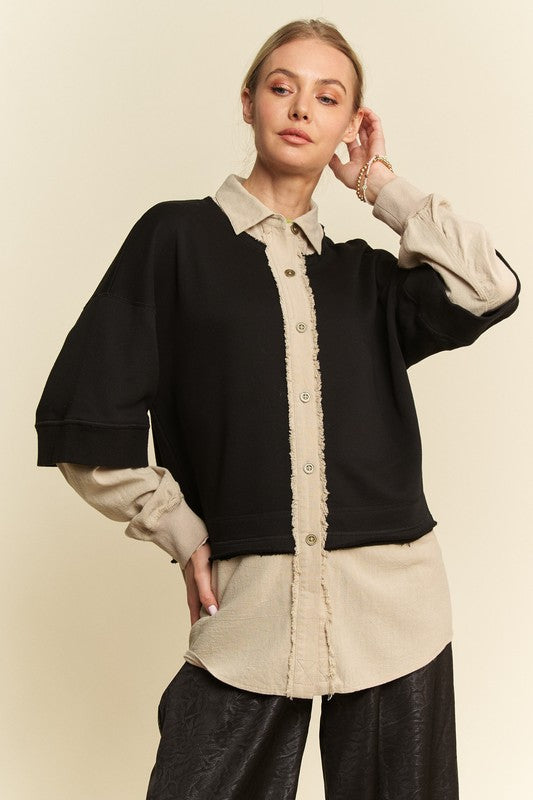 Davi & Dani USA Shirt Faux Layered French Terry Black Contrast Ribbed Top Black 7eb5daab-c4f1-4966-97e9-e9a9ae1f34a6-Max Trendsi