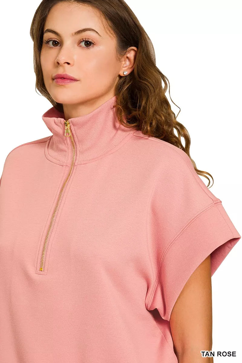 Zenana Sweatshirt Rose Scuba High Neck Half Zip Short Sleeve Top Plus Sizes
