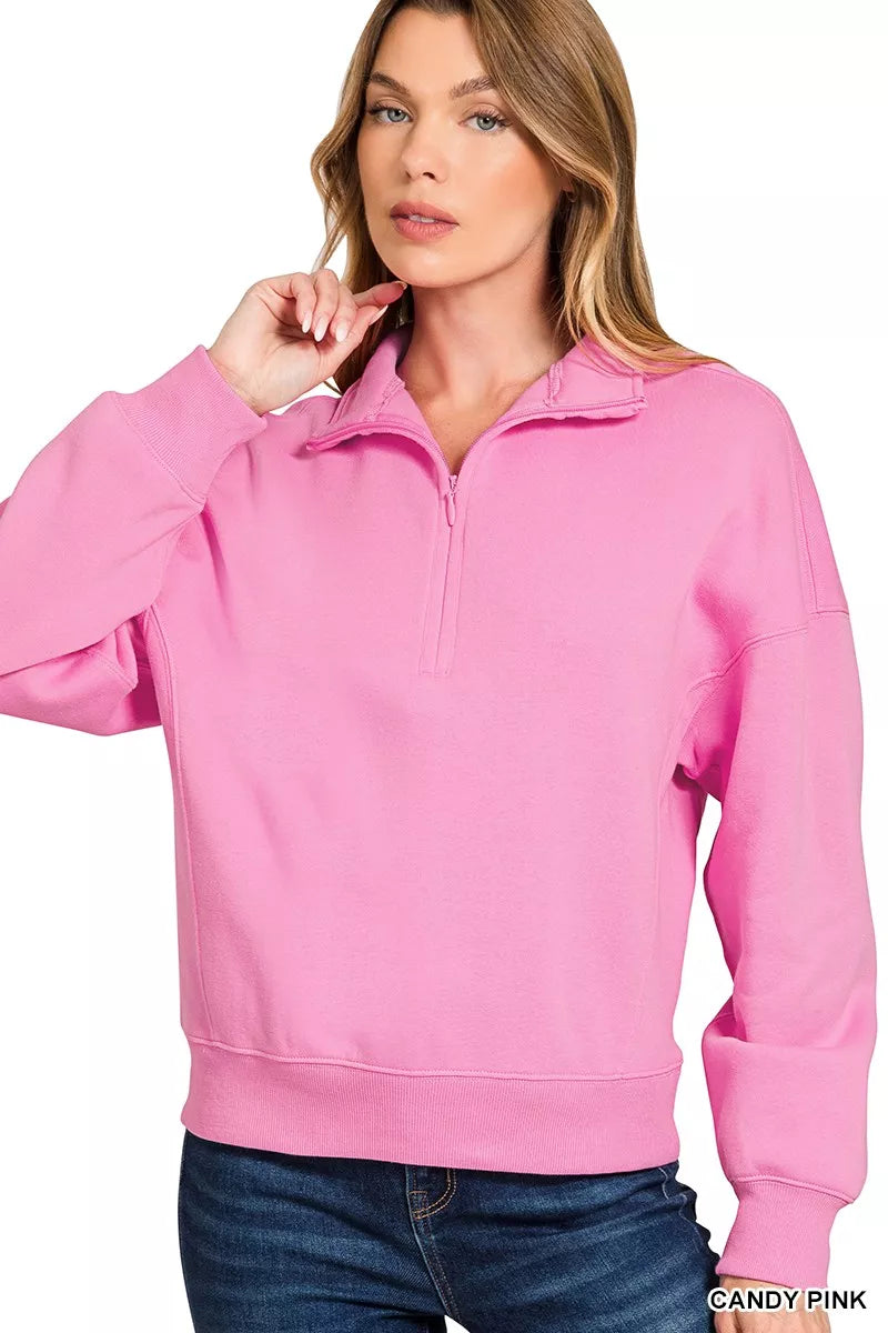 Zenana Women's Sweatshirt Cotton Fleece High Neck Half Zip Pink Top 7ec456aa65254d65a7b2f3513abb5ea5-Max-Origin Trendsi