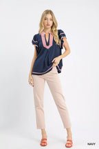 Umgee Womens Blouse Navy Linen Ruffle Short Sleeve Top 7ec673d1-2540-4a5e-a286-3802c117e392-Max-Origin Trendsi