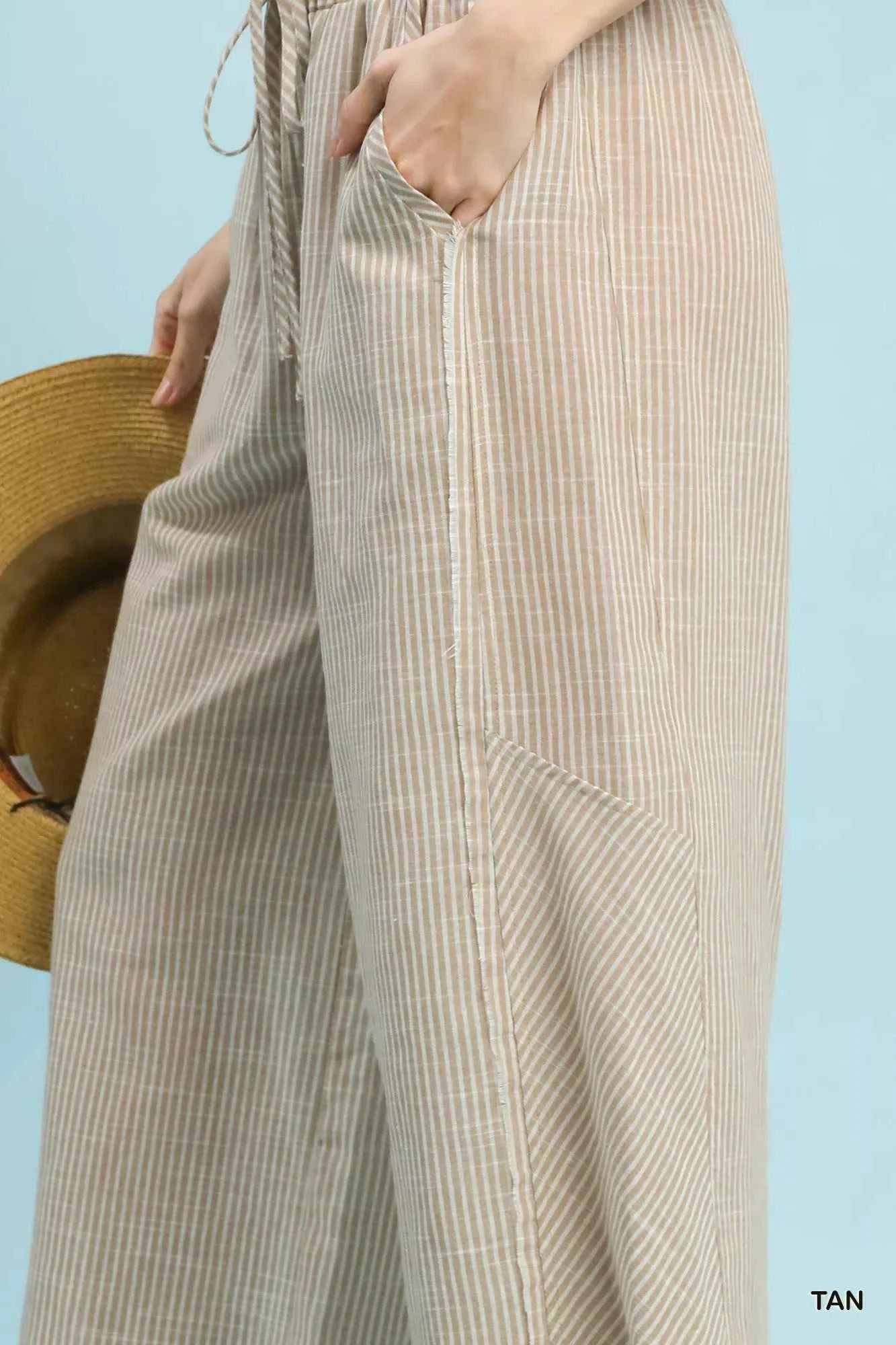 Umgee Wide Leg Pants Tan Striped Linen Blend Drawstring Waist Pocketed 7ed673d1-8a1d-4e91-9416-0054ecd437c4-Max-Origin Trendsi