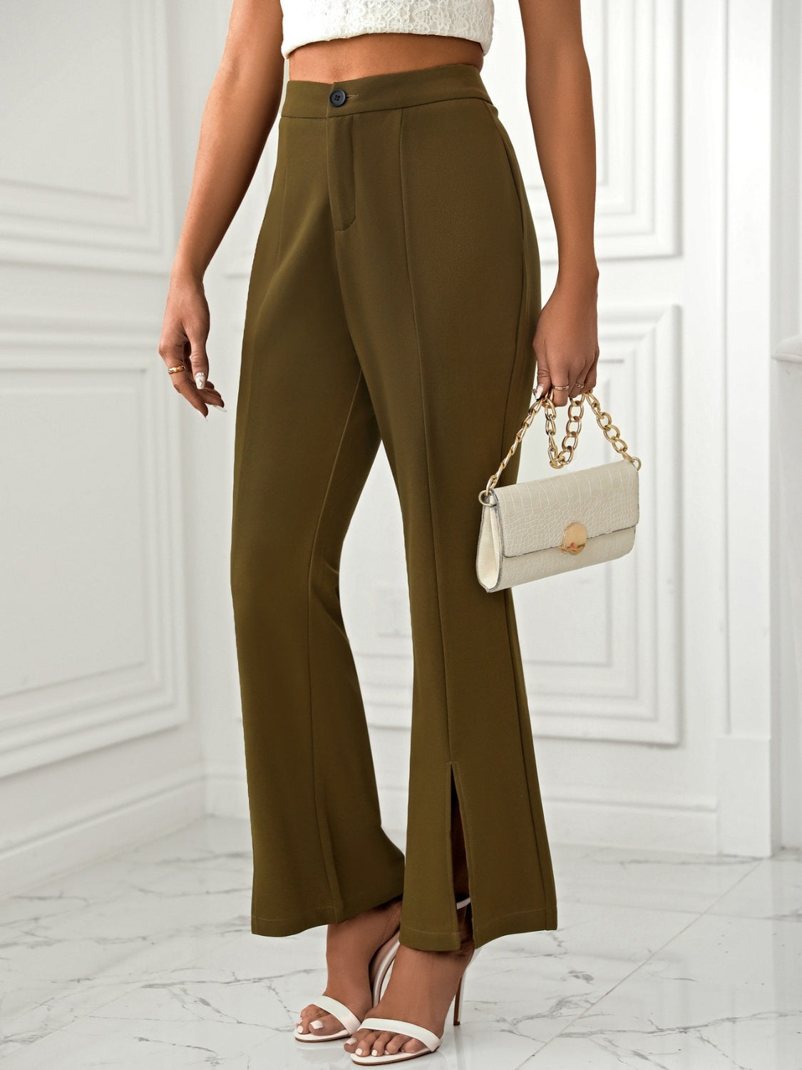 Women Wide Leg Pants Slit Flare Solid with Pockets Olive Brown 7edfedc2-30cd-41f0-9c84-3e7fb0ad6dc3-Max Trendsi
