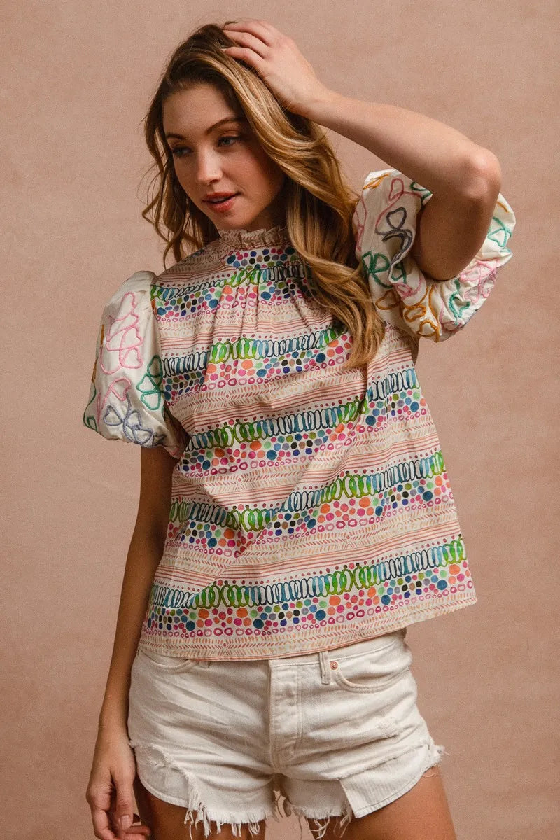 BiBi Blouse Multicolor Ruffle Neckline With Embroidery Bubble Short Sleeve Top 7ee3707e86684bfeba67de3e11c9c7dc-Max-Origin Trendsi