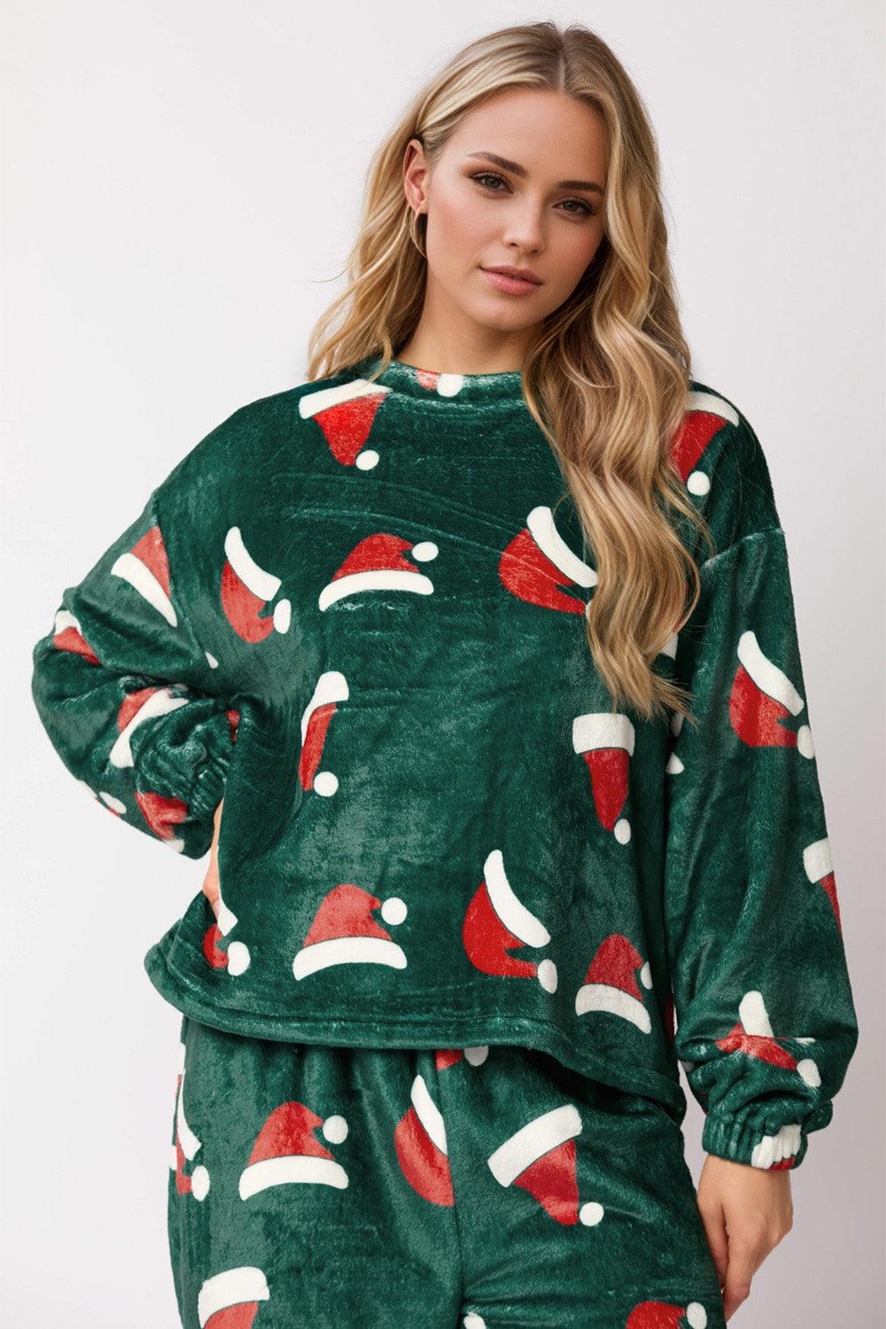 Christmas Hat Pattern Loungewear Round Neck Long Sleeve Top and Pants Set