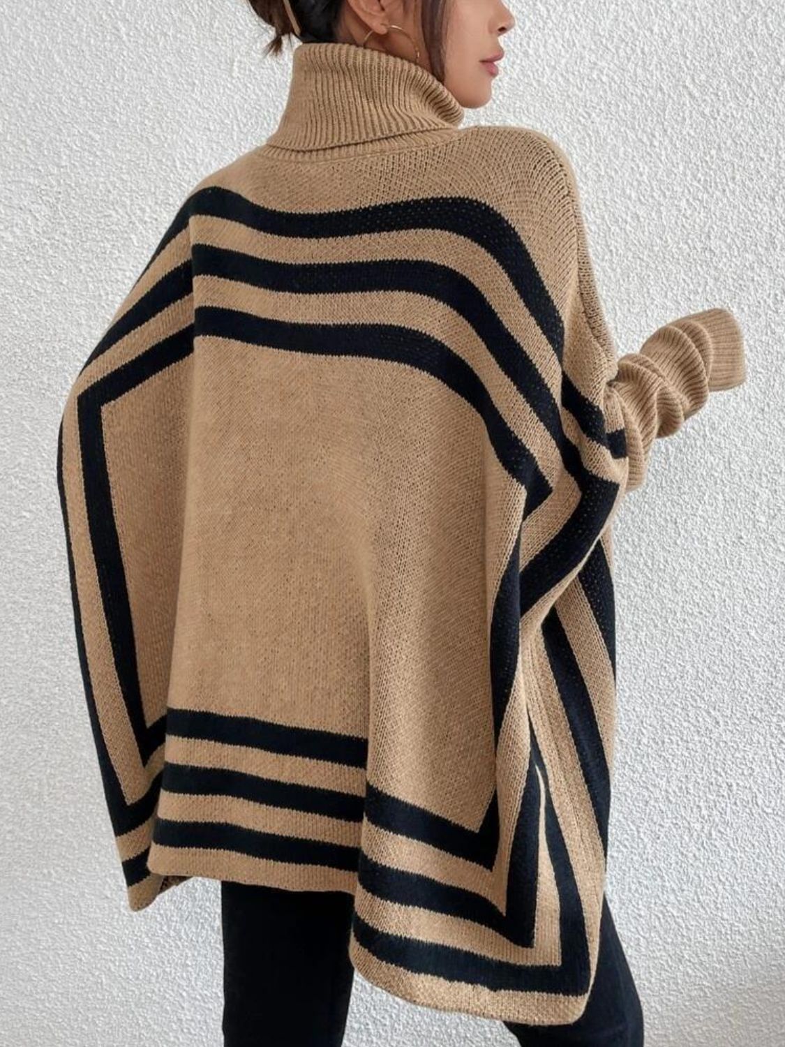 Women Sweater Striped Turtleneck Batwing Long Sleeve with Pockets Oversize