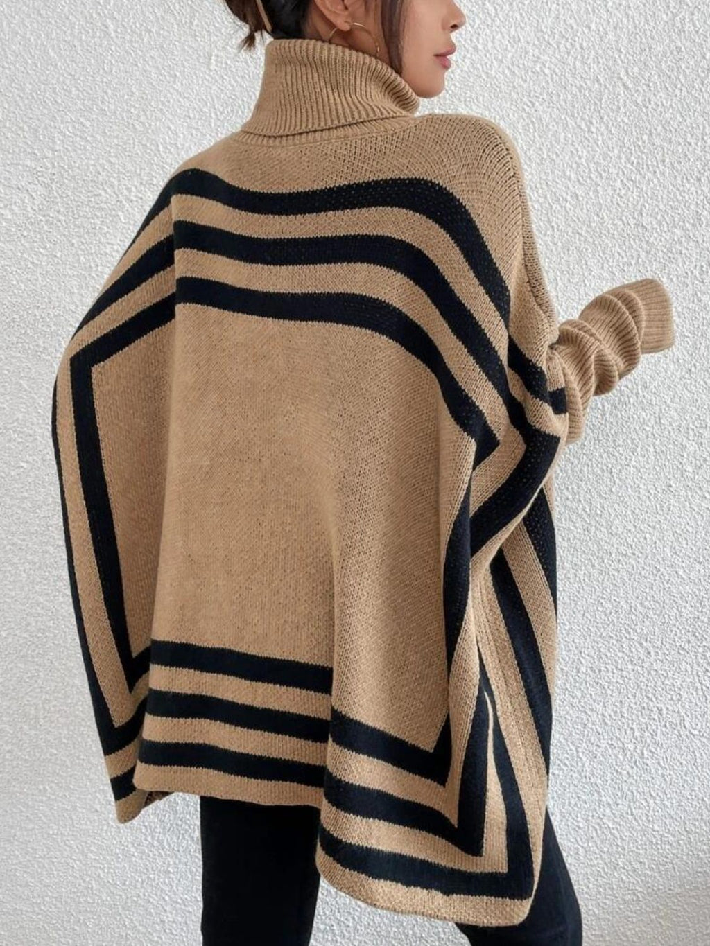 Women Sweater Striped Turtleneck Batwing Long Sleeve with Pockets Oversize 7eeef612-8e9d-4977-8244-c7b3f28c028d-Max Trendsi