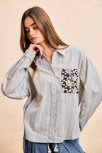 BiBi Womens Gray Stripe Shirt Black Flower Jacquard Knit Patch Pocket Top 7eefcdcaad9a412b861ac3ab68fc4b5c-Max-Origin Trendsi