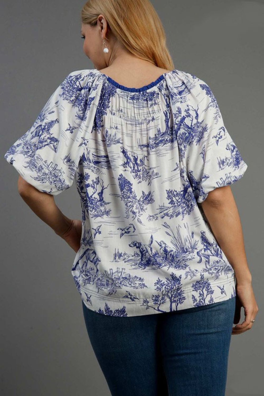 Umgee Blouse Blue Two Tone Landscape Print Round Neck Short Sleeve Top 7ef8608f-acd0-4a93-afef-a015a61e64b3-Max Trendsi