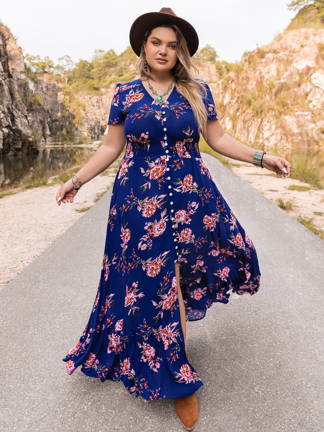 Plus Size V-Neck Maxi Dress with Button Detail