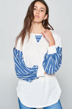 Super Lady Women Blouse French Terry Striped Patch Long Sleeve Top Ivory 7f0fd671-507f-4ce3-8ddb-1f5c4d66caf4-Max Trendsi