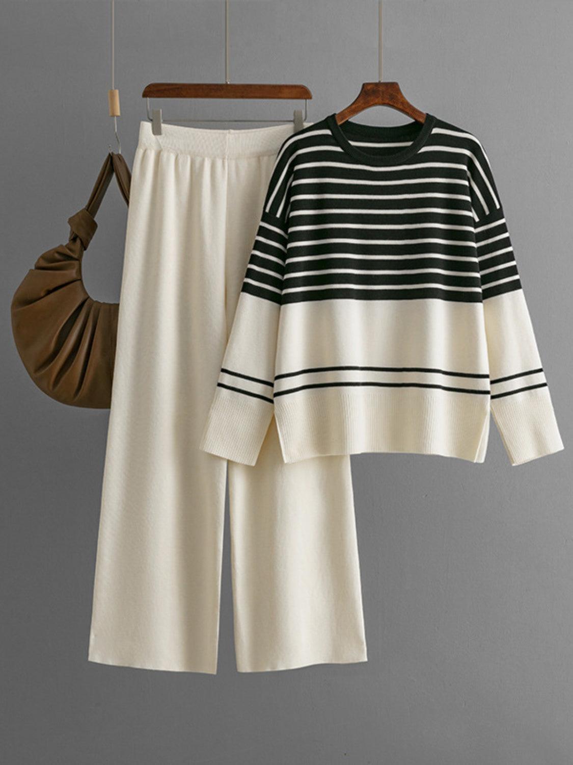 Basic Bae Outfit Sweater Set Striped Round Neck Long Sleeve Top and Pants Set