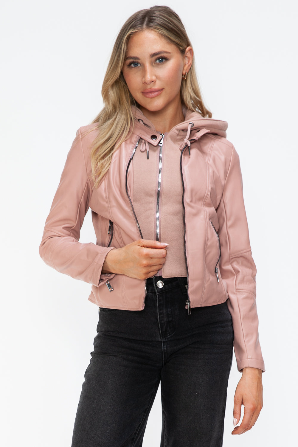 Snobbish Faux Leather Women Jacket Mauve Zip Up Drawstring Hooded