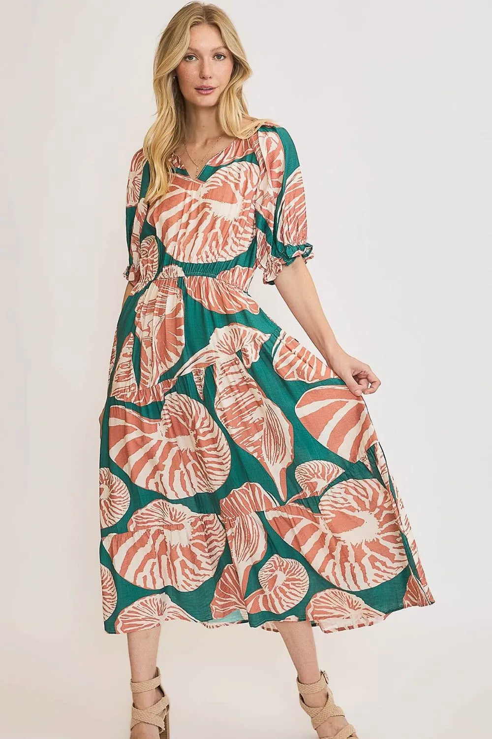 Umgee Midi Dress Green Leaf Printed Notched Puff Short Sleeve GREEN CLAY 7f260828-8de7-4c2d-b3a8-59e24dffddd7-Max-Origin Trendsi