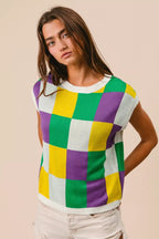 BiBi Womens Sweater Knit Top Mardi Gras Checker Pattern Sleeveless 7f2d7778230f4cb4aeef0b8e2a28f5e0-Max-Origin Trendsi