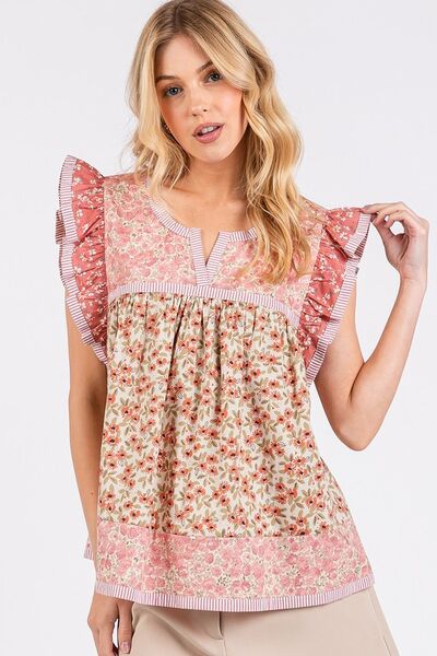 Mittoshop Floral Blouse Notched Ruffled Cap Short Sleeve Rose Pink Rose Pink 7f3c6148-92bc-4984-bd5c-ab86ef8b72f4-Min Trendsi
