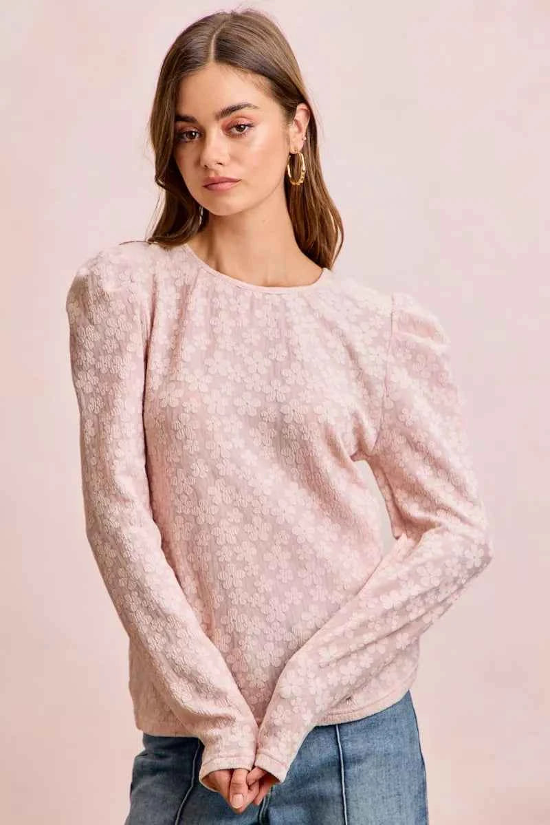 BiBi Women Blouse Textured Flower Knit Blush Pink Puff Shoulder Top Long Sleeve 7f3d5d404a794ae7936380ff5ccd7b6f-Max-Origin Trendsi