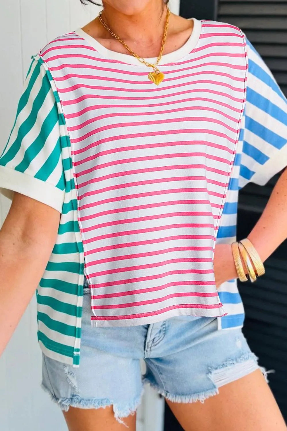 Women's T-Shirt Striped Color Block Batwing Short Sleeve Exposed seam Top 7f4273a9-cb0e-4cba-9681-d42925024f8f-Max-Origin Trendsi
