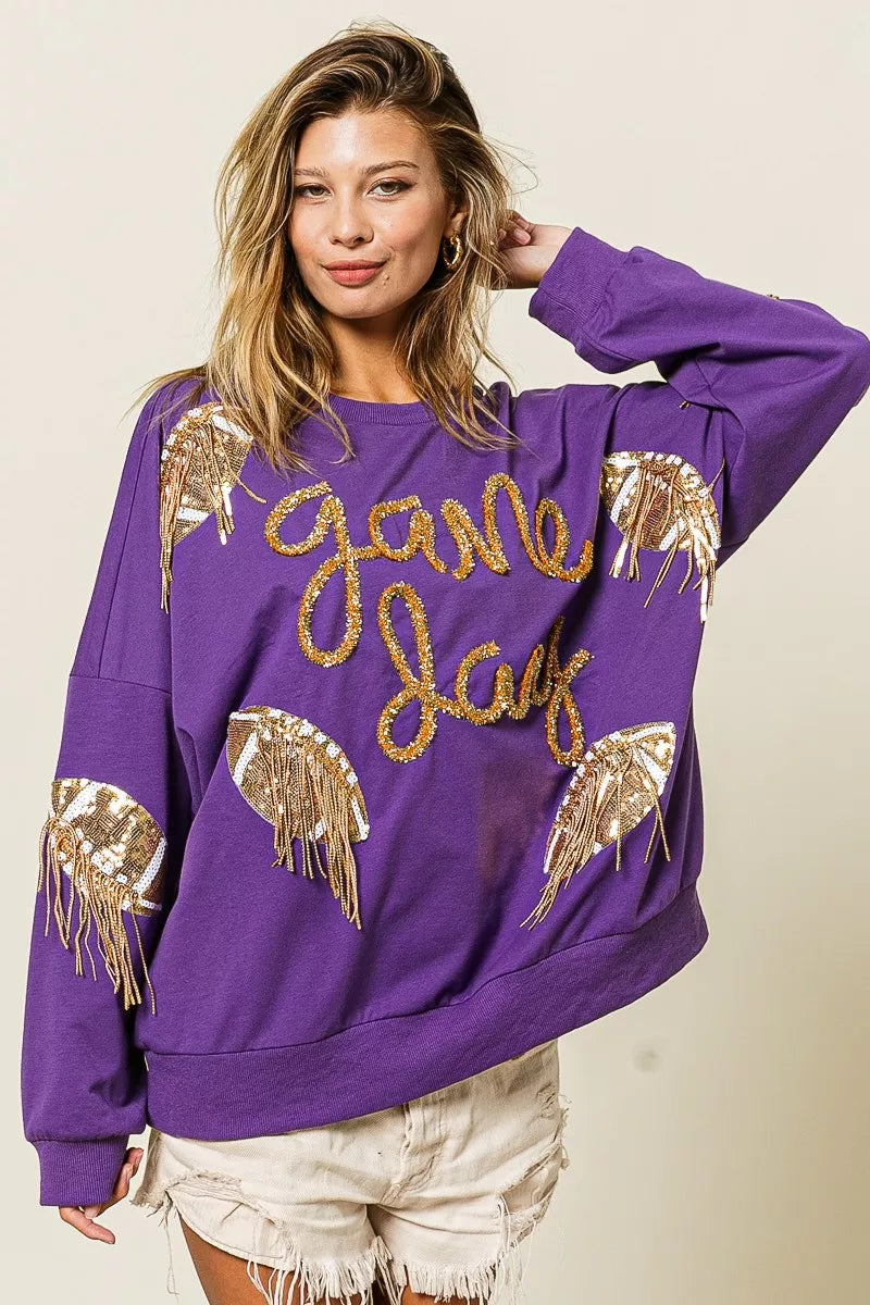 BiBi Womens Sweatshirt Sequin Football Patches Game Day Purple Top 7f465b6d-65ac-4bad-8070-aaae774aac7f-Max-Origin Trendsi
