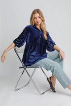 Umgee USA Pearl Babydoll Blouse Navy Women Half Sleeve Velvet Ruffle Top 7f473377-6139-4ee0-8a92-b80e2041a4a4-Max Trendsi
