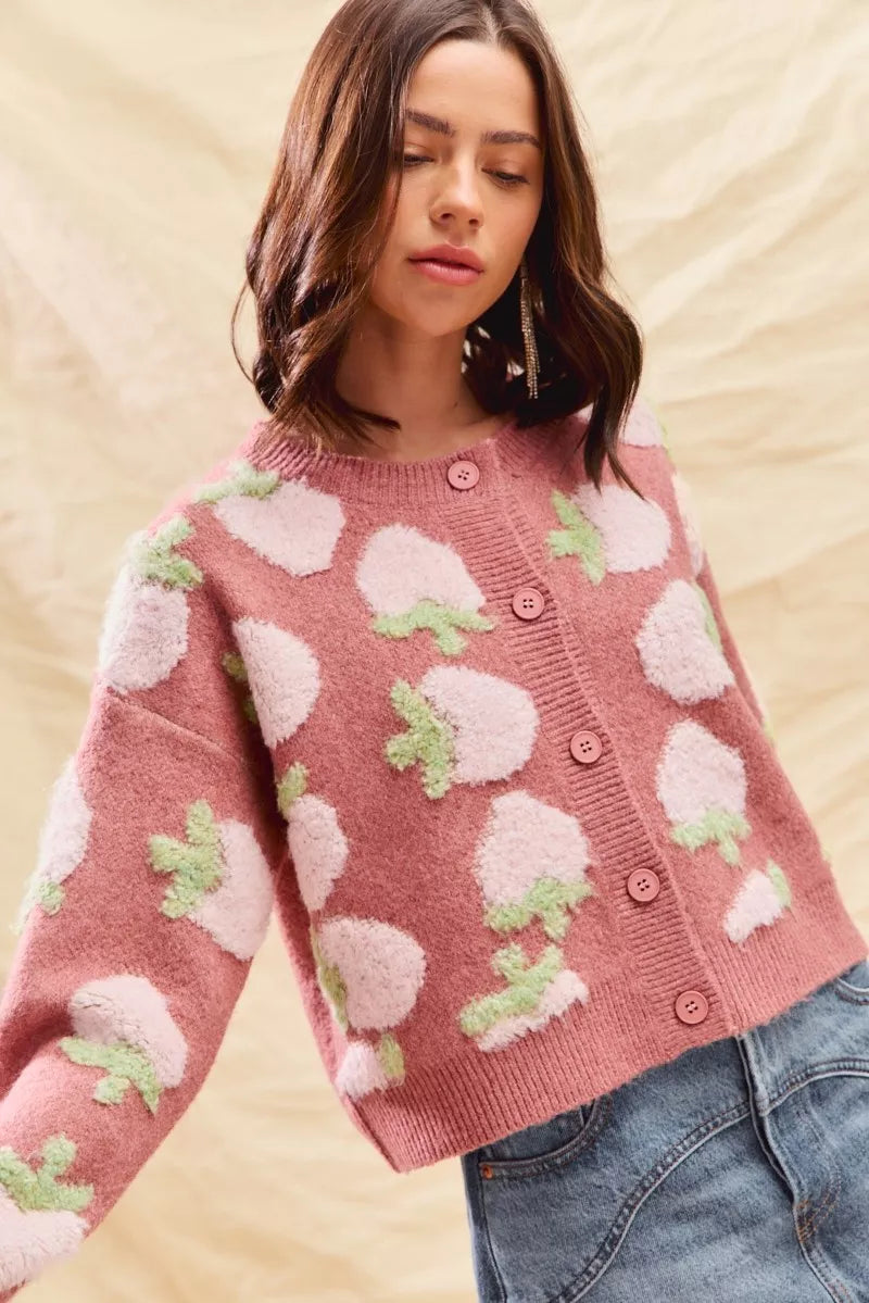 SO ME Womens Cardigan Strawberry Fruit All Over Button Sweater 7f5475970644416da92387476a5cfc63-Max-Origin Trendsi