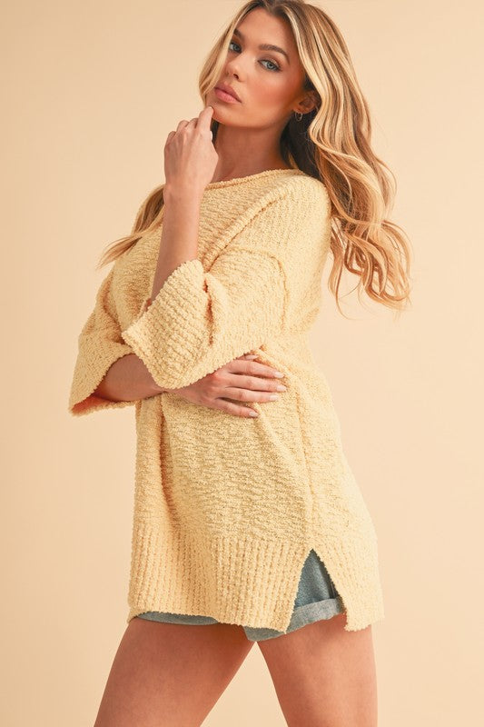 Aemi + Co Sweater Side Slit Ribbed Hem Round Neck 3/4 Sleeve 7f56fb49-c793-4895-ad68-231d3fb20675-Max Trendsi