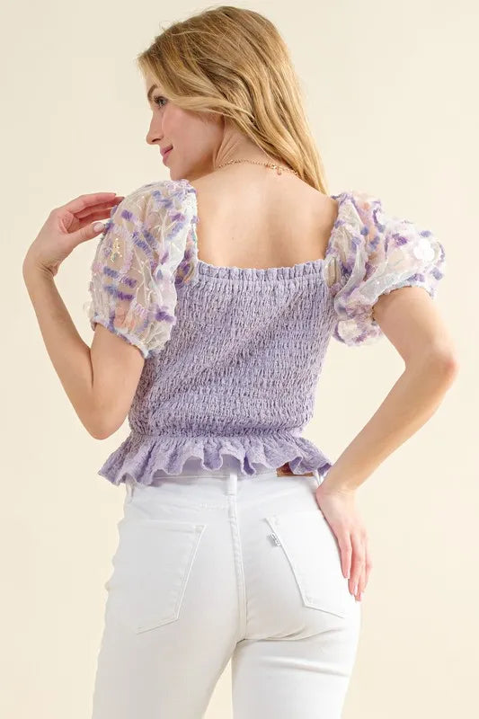 And The Why Top Floral Lavender Embellishment Short Sleeve Smocked 7f57539b8cfa4bacb75857aeb2650f30-Max-Origin Trendsi
