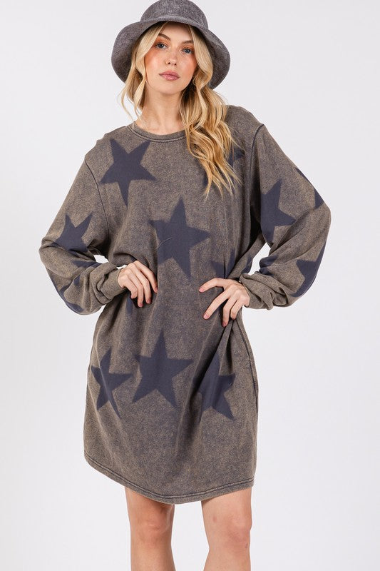 SAGE+FIG USA Dress Washed Star Print 100% cotton Round Neck Long Sleeve 7f59998e-4302-441b-8814-c089ce55bab5-Max Trendsi
