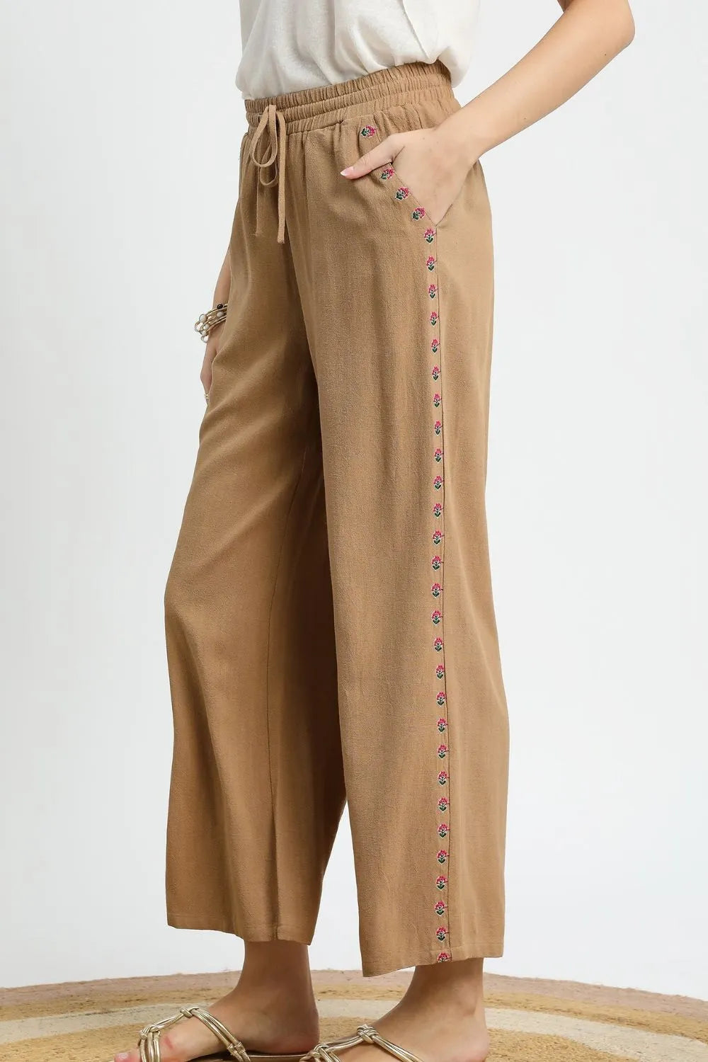 Umgee Wide Leg Pants Women's Linen Cotton Camel Drawstring Pocketed 7f631504-9ad1-402c-9bae-5b3da6a6e954-Max-Origin Trendsi