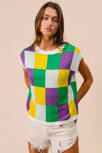 BiBi Womens Sweater Knit Top Mardi Gras Checker Pattern Sleeveless 7f67b93384d649b484ba71474a849a04-Max-Origin Trendsi