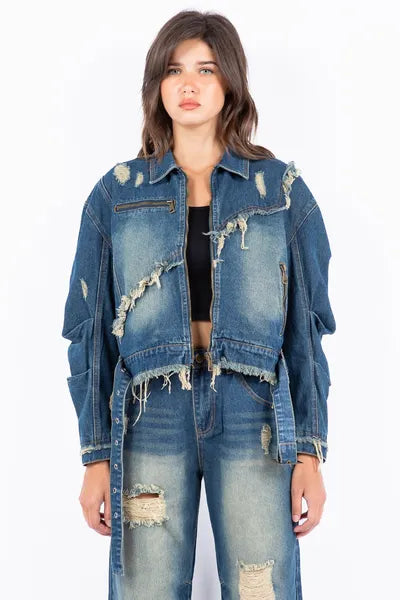 American Bazi Denim Jacket Women's Distressed Frayed Edge Zipper Long Sleeve Medium 7f6d03b8-3b7c-4628-b5f1-caba171f34dc-Min Trendsi