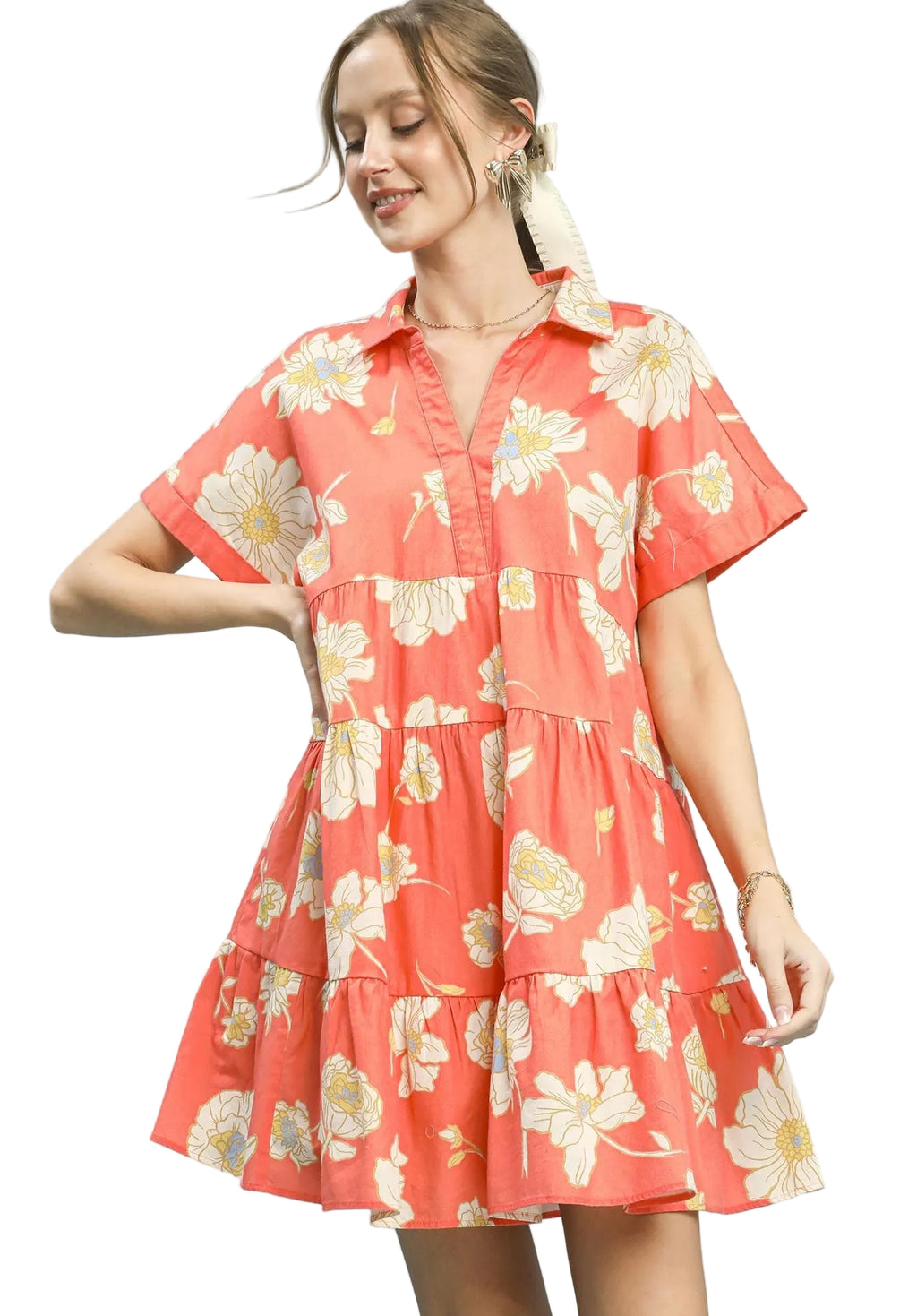 Umgee Floral Tiered Collared Babydoll Mini Dress