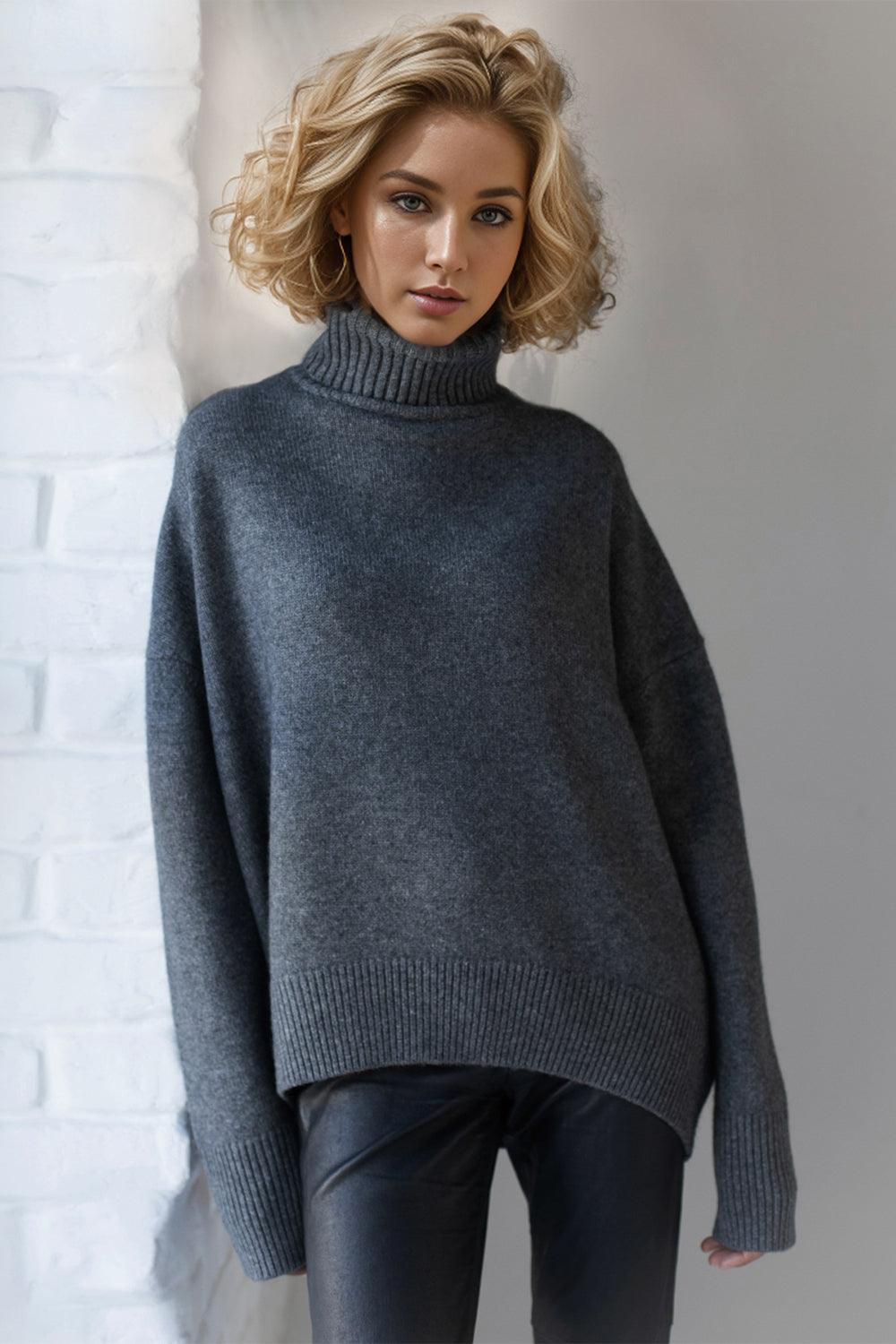 Basic Bae Turtleneck Sweater Viscose Long Sleeve Oversized Knitwear Dark Gray One Size