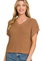 Zenana Textured Knit V-Neck Cropped Sweater
