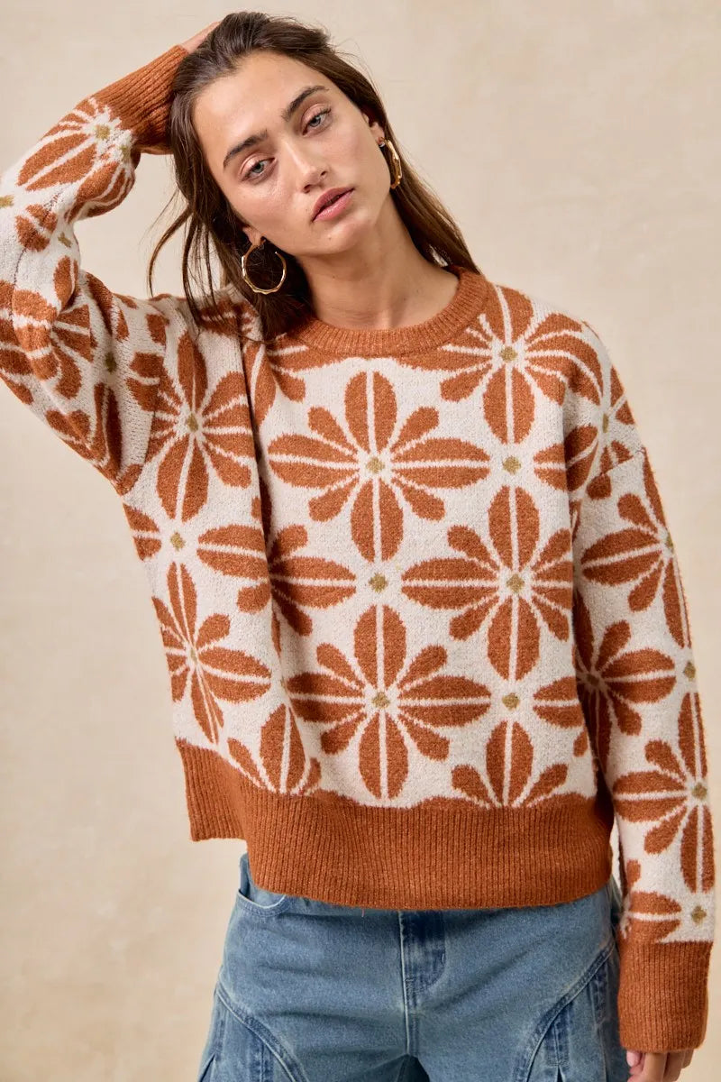 BiBi Sweater Women's Flower Pattern Rust Ivory Long Sleeve Knit Pullover 7f8c4eec84aa472e90f1eaff0bfffd76-Max-Origin Trendsi