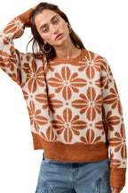 BiBi Sweater Women's Flower Pattern Rust Ivory Long Sleeve Knit Pullover 7f8c4eec84aa472e90f1eaff0bfffd76-Max-Origin Trendsi