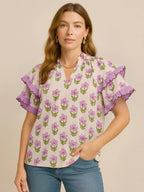 Umgee Blouse Pink Purple Floral Print Ruffle Short Sleeve Cotton Top Pink Purple 7fa3d388-c365-4168-b91a-9e490ad28a3f-Max-Origin Trendsi