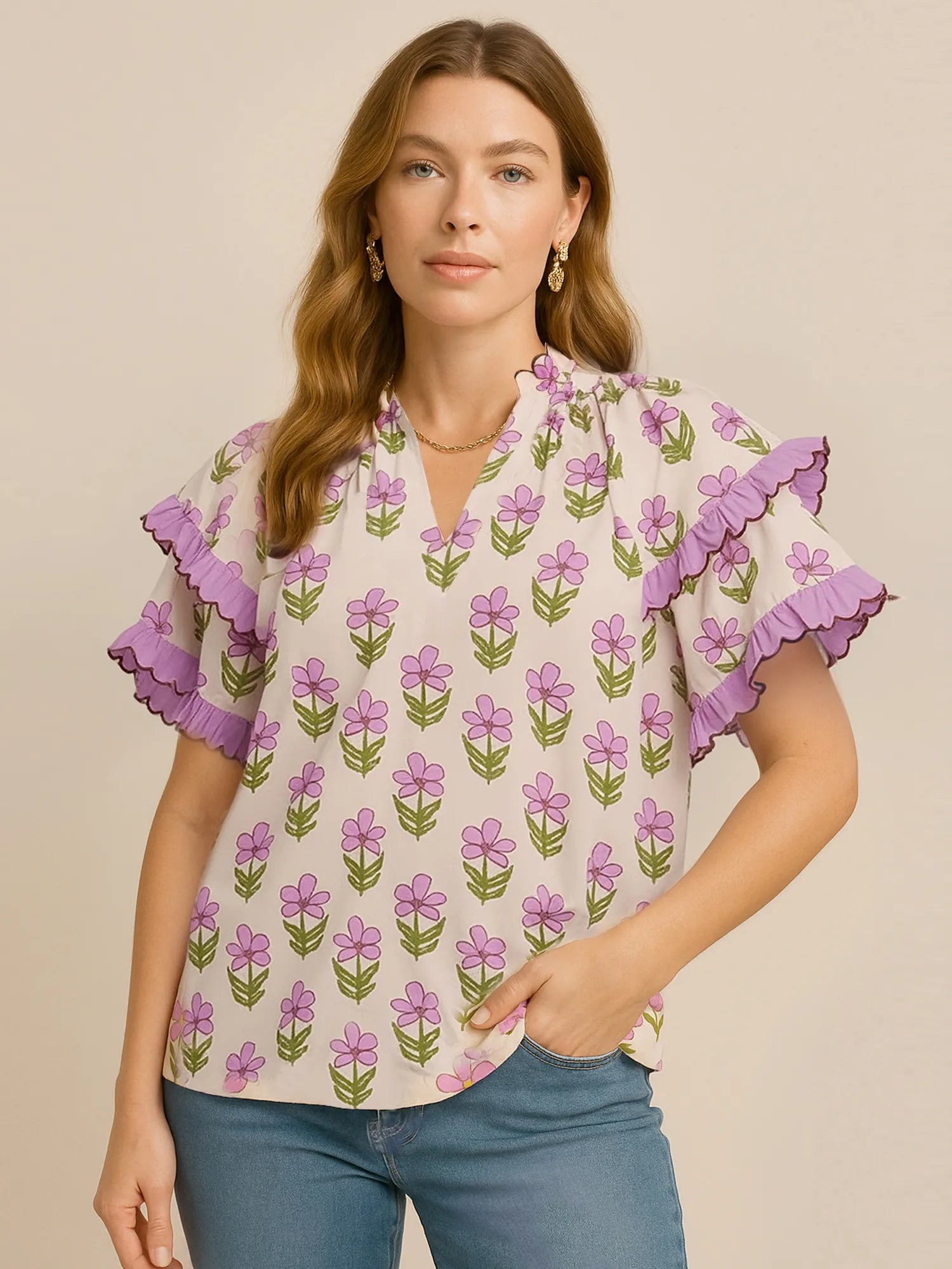 Umgee Blouse Pink Purple Floral Print Ruffle Short Sleeve Cotton Top Pink Purple 7fa3d388-c365-4168-b91a-9e490ad28a3f-Max-Origin Trendsi