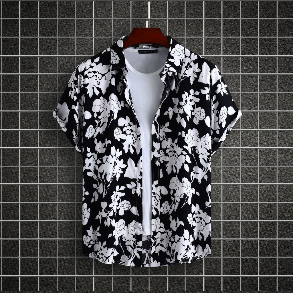 Men's Casual Shirt Balck Floral Printed Short Sleeve Top Black 7fa79ea4fbef4c038bb280208fa08c55-Max-Origin Trendsi