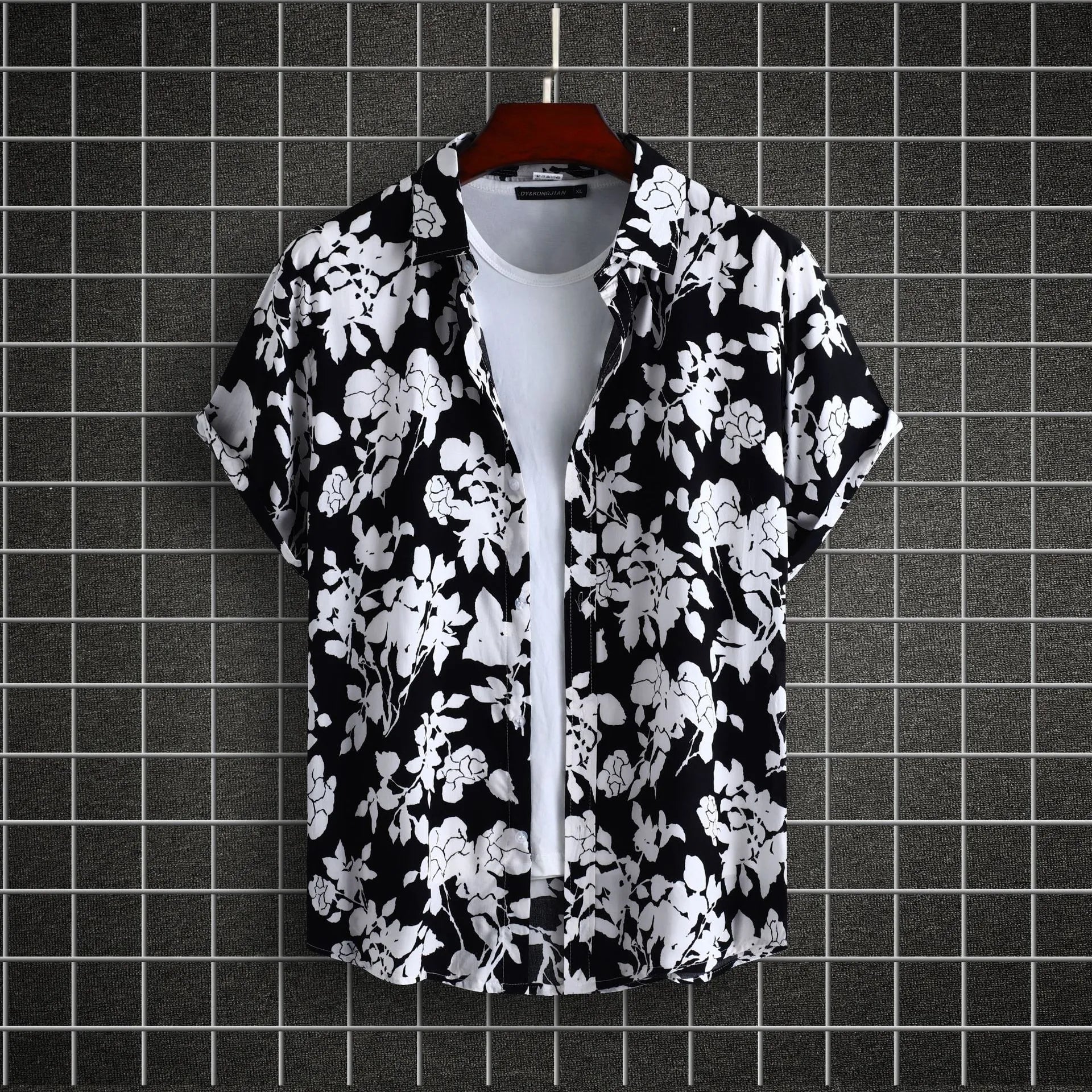 Men's Casual Shirt Balck Floral Printed Short Sleeve Top Black 7fa79ea4fbef4c038bb280208fa08c55-Max-Origin Trendsi