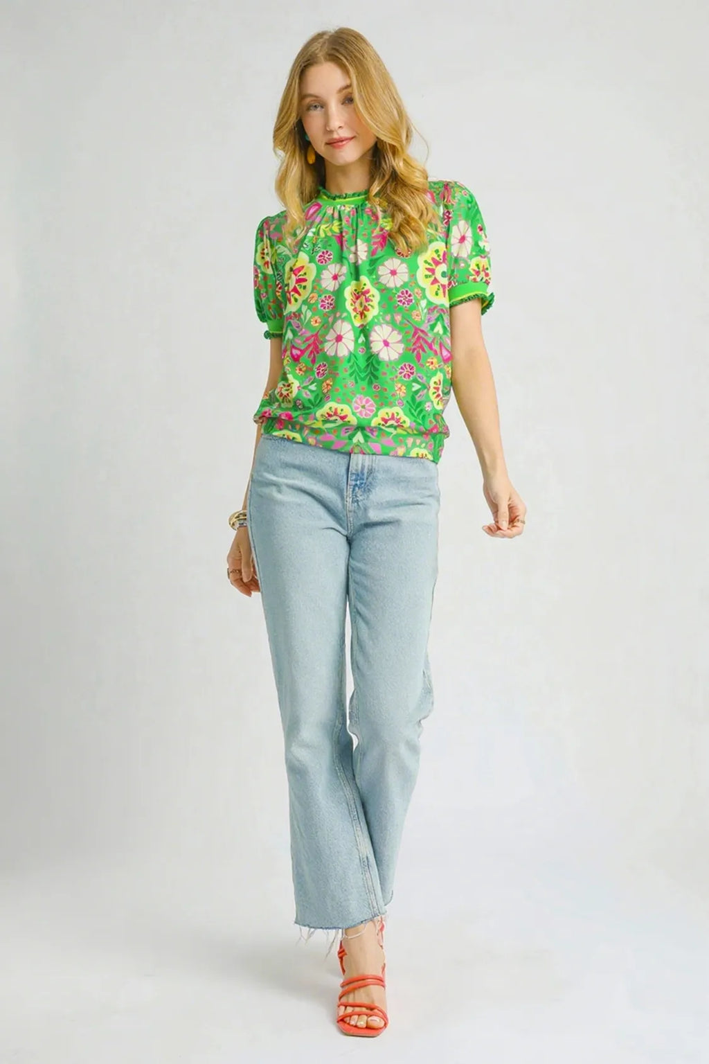 Umgee Blouse Green Mix Floral Retro Puff Short Sleeve Top 7fad2b0e-d487-419b-a5d3-a832a98902c1-Max-Origin Trendsi